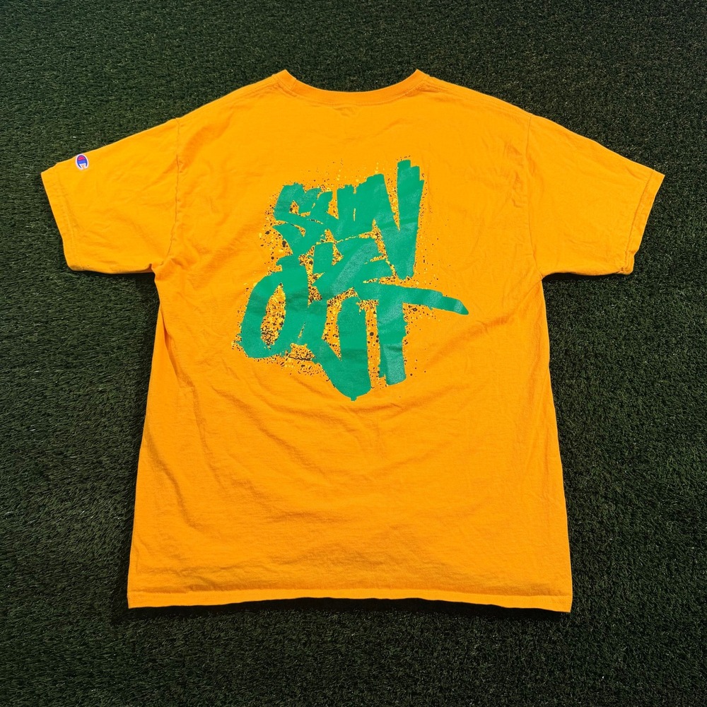 Champion Sun Out SFG Graphic T-Shirt Mens Large yellow Teal Short Sleeve Tee